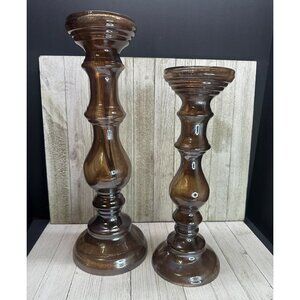 Vtg Glass Amber Brown Swirl Set of 2 Candle Holders Votives 16.5" & 14" Tall MCM